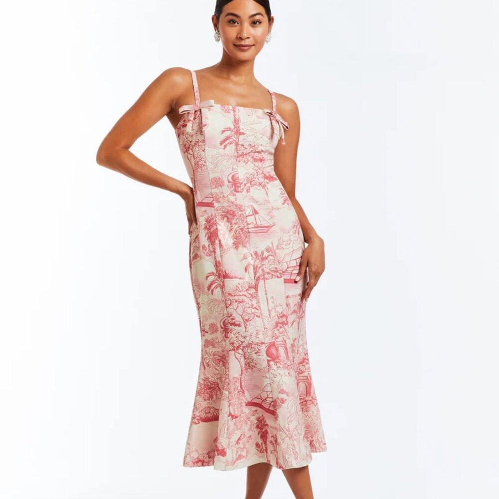 Mestiza New York Calista Pink/Ivory Stretch Crepe Tropical Toile Midi Dress 8